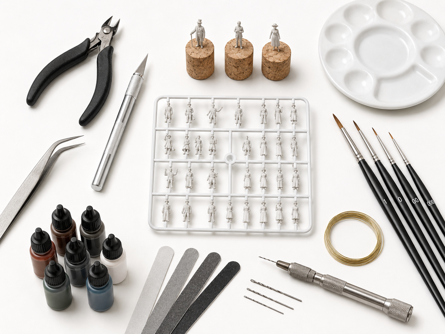 Arbeitsplatz mit Spritzling, Seitenschneider, Skalpell, Pinzette, Pinseln, Handbohrer, Messingdraht und Farben