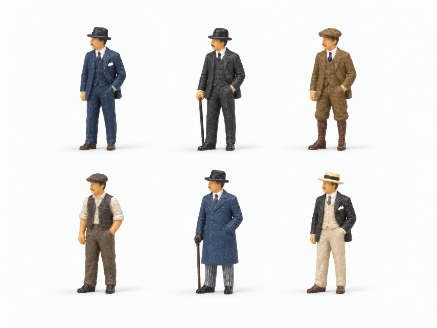 Sechs männliche Modellfiguren in unterschiedlichen europäischen Kleidungsstilen um 1914