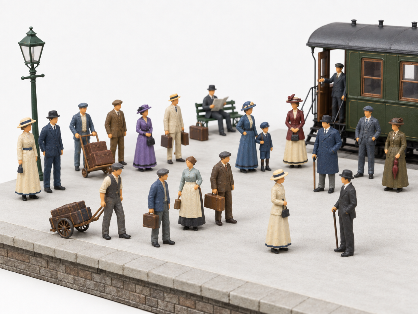 Gruppe handbemalter Figuren um 1914 auf einem Modellbahnsteig