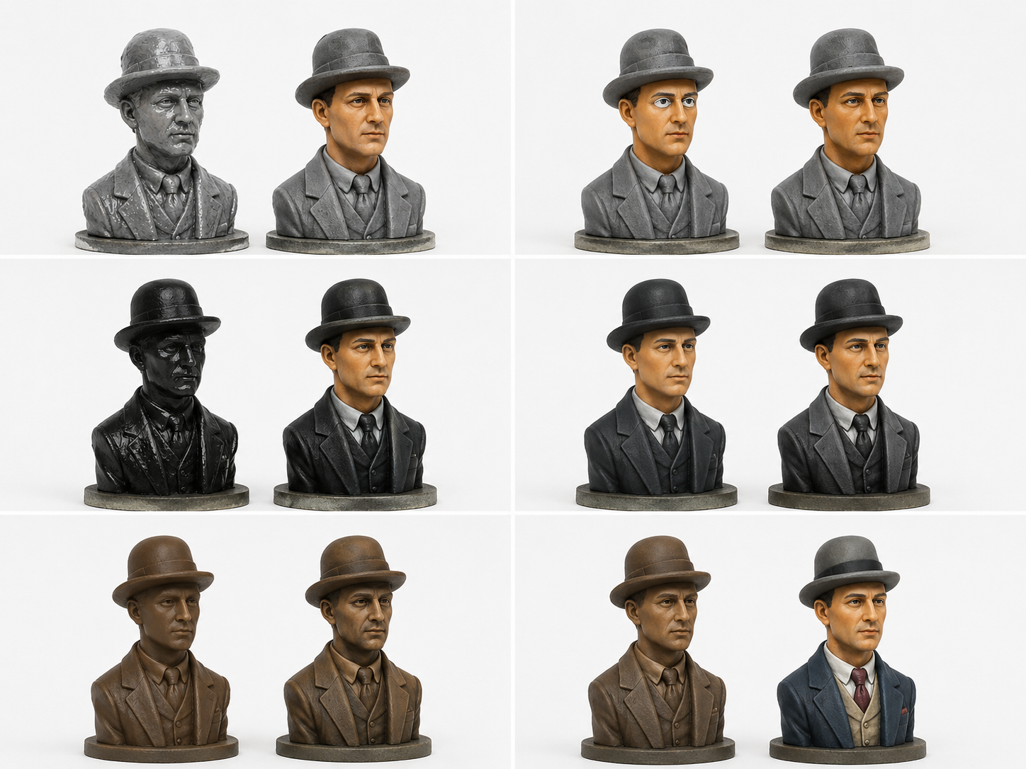 Vergleich mehrerer fehlerhafter und zurückhaltender Maltechniken an Modellfiguren